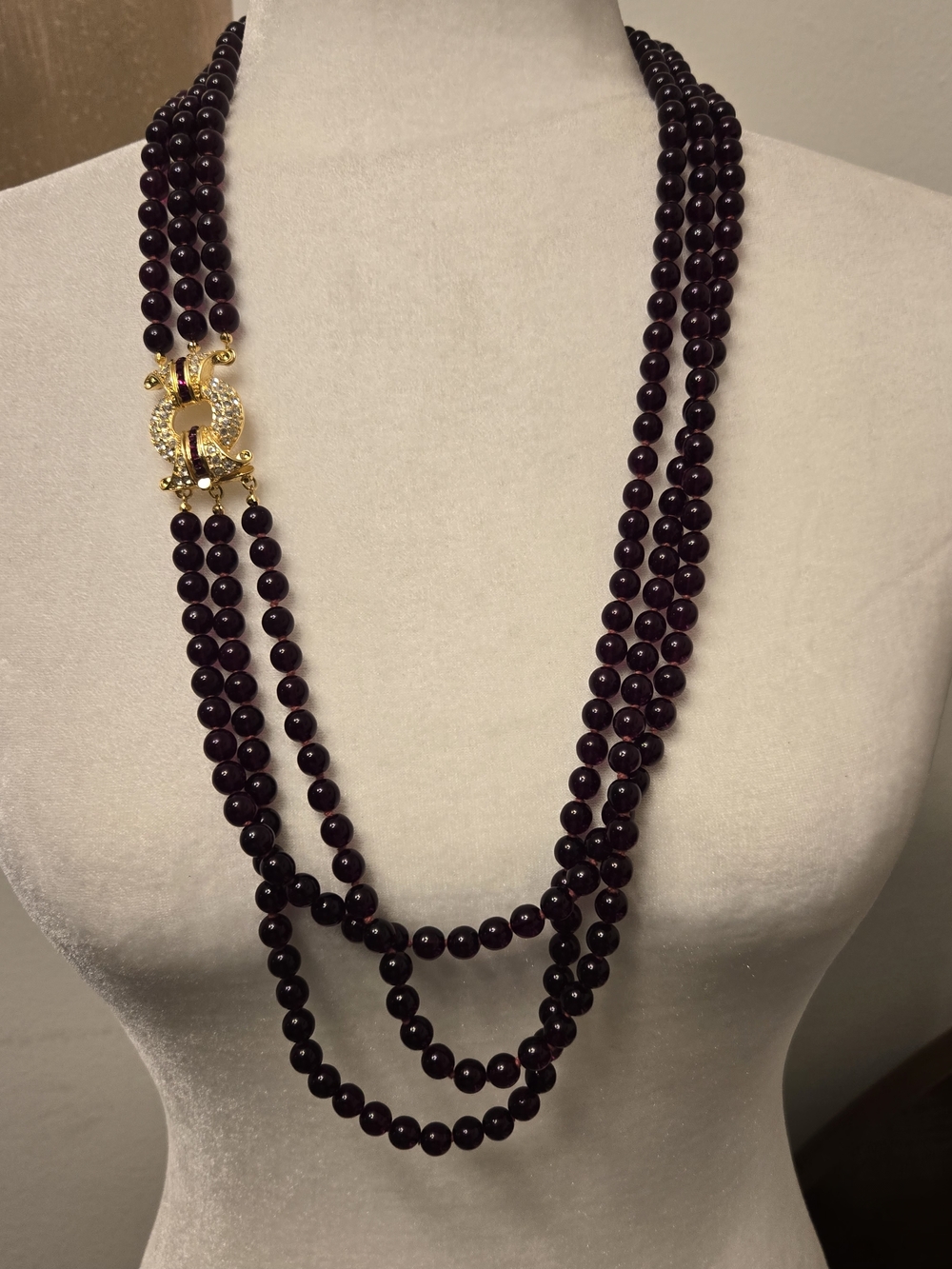 Nolan Miler Elegant Triple-Strand Garnet Bead Necklace with Gold Clasp